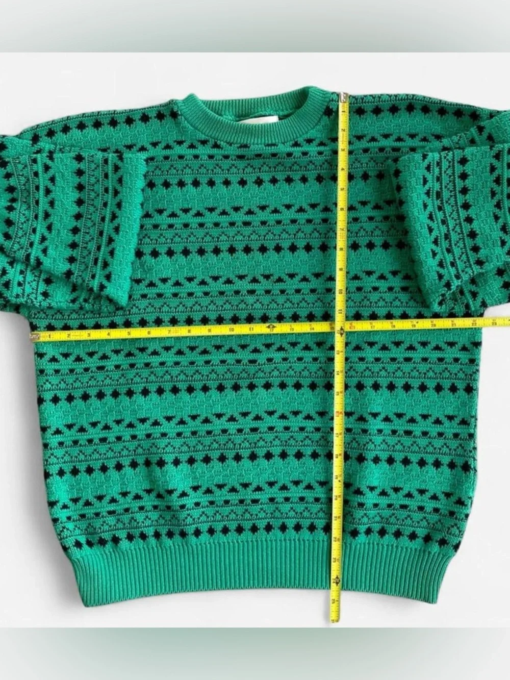 80s 90s Eric Rhodes Green Black Knit Sweater Classic Retro Geometric Nordic L